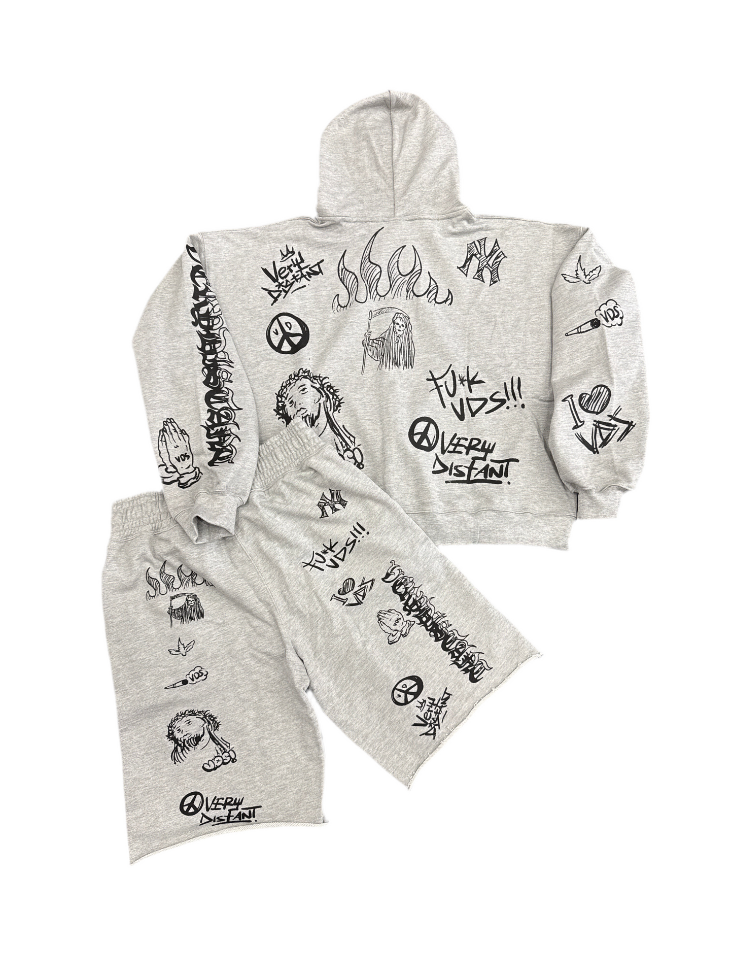 Very Distant 'Religious' Hoodie Short Set- Grey