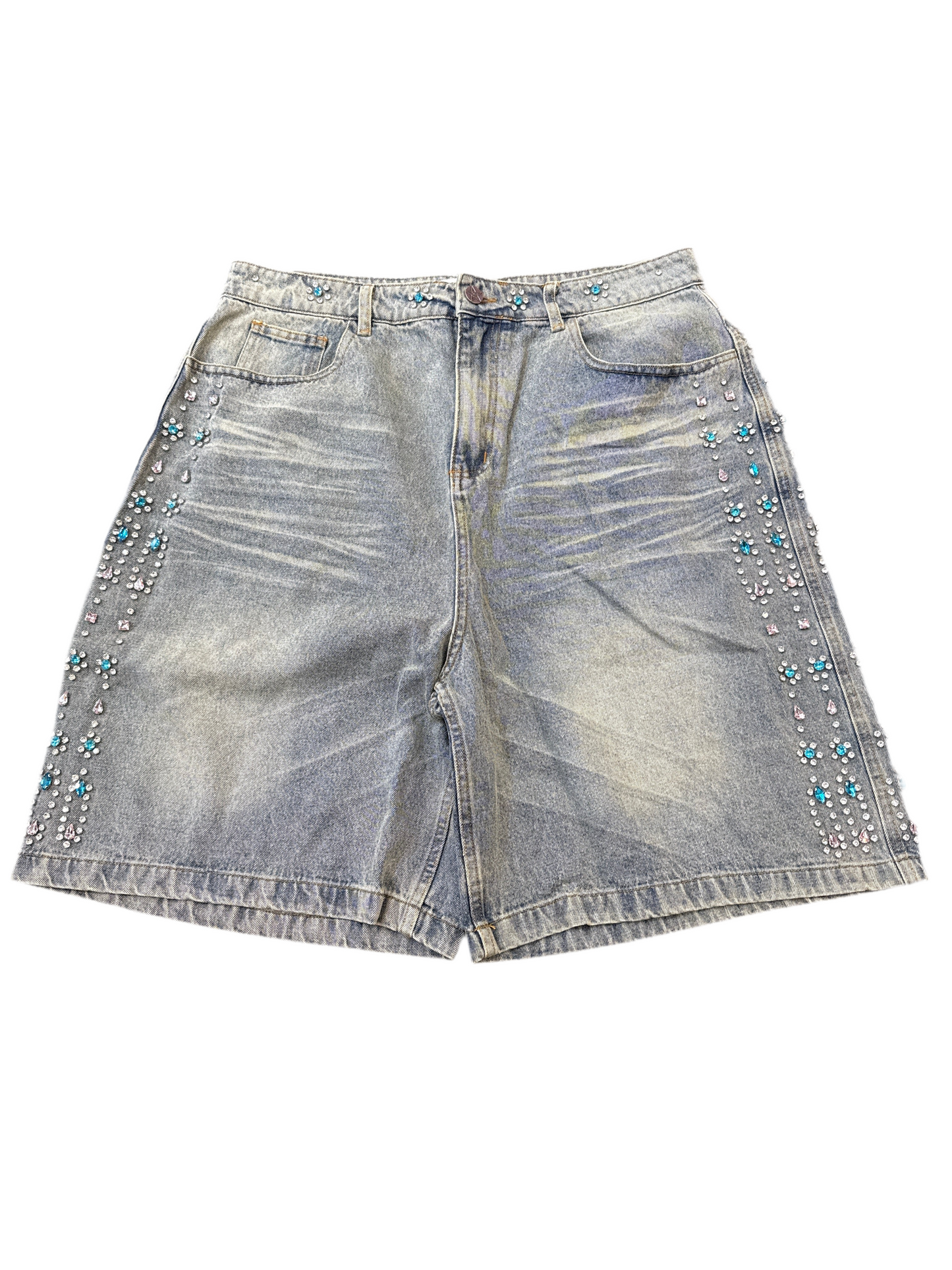 Vale Pink/Blue Rhinestone Jean Shorts Lightwash