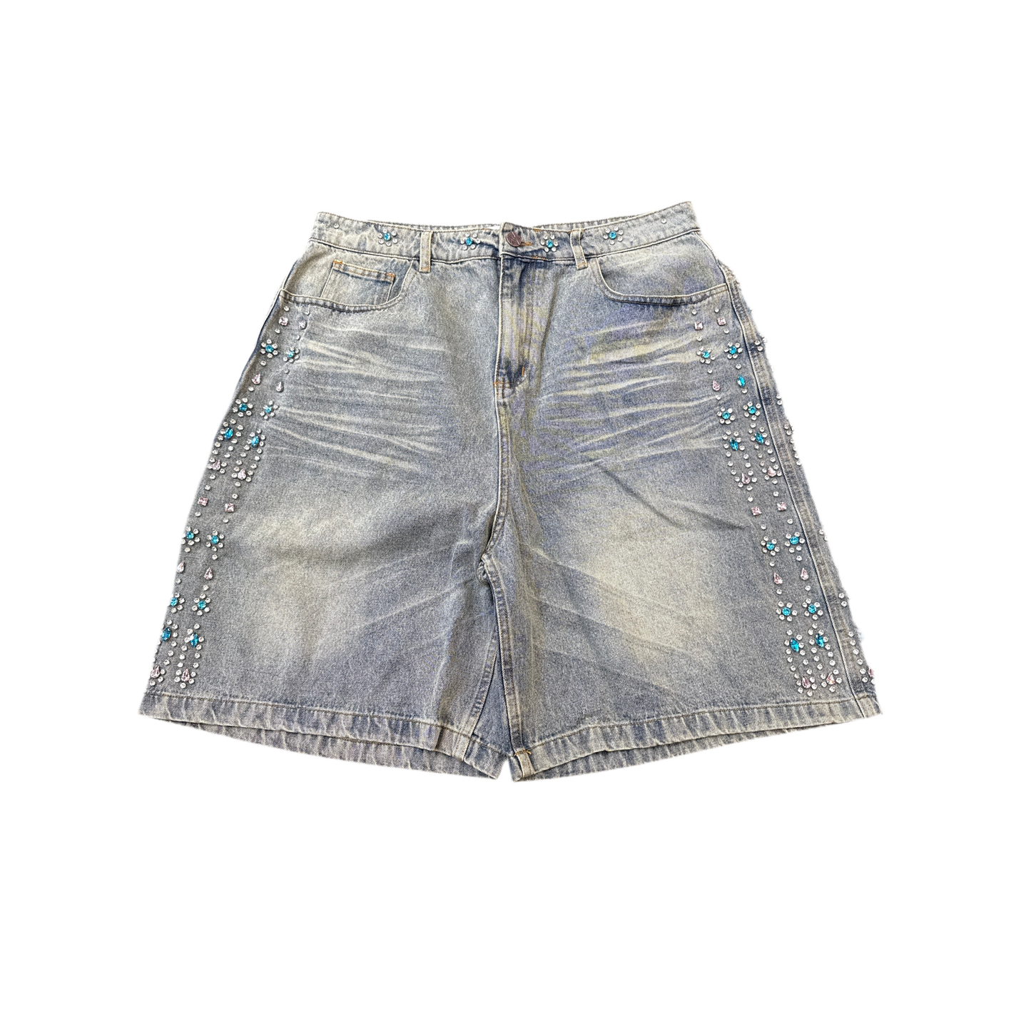 Vale Pink/Blue Rhinestone Jean Shorts Lightwash