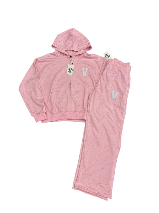 Very Distant Rhinestone Sweatsuit-Pink