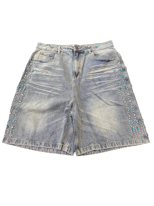 Vale Pink/Blue Rhinestone Jean Shorts Lightwash