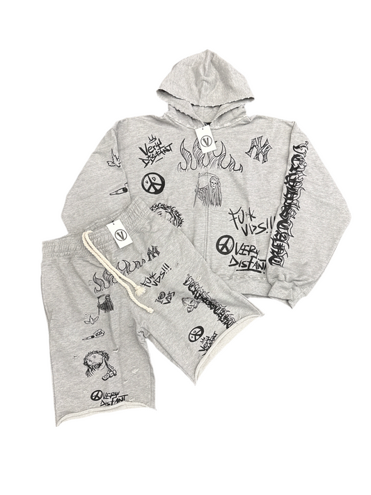 Very Distant 'Religious' Hoodie Short Set- Grey