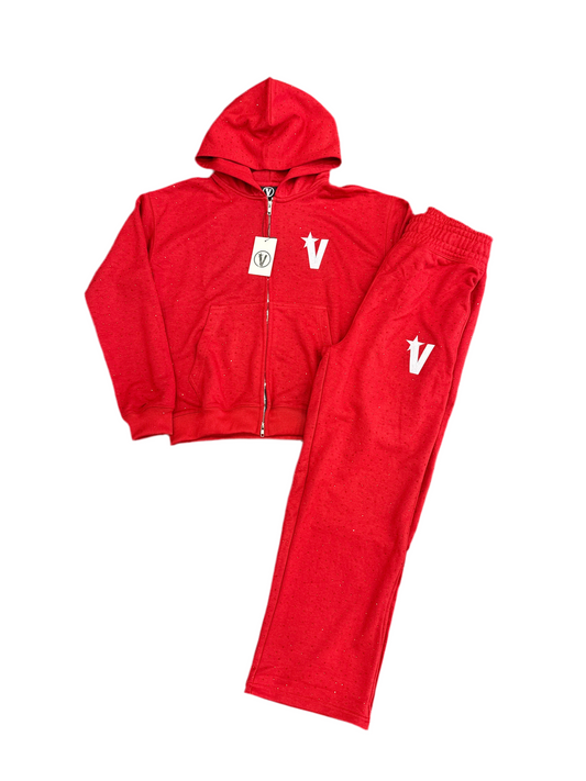 Very Distant Rhinestone Sweatsuit-Red