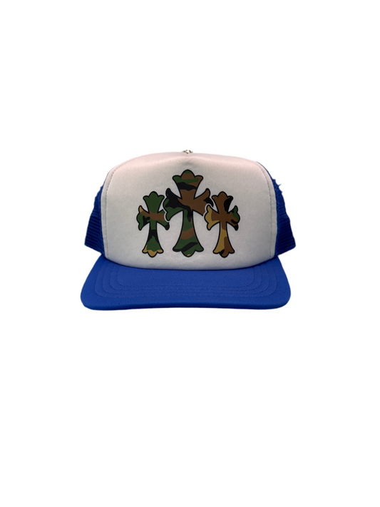 Chrome Hearts Blue Triple Cross Trucker Hat
