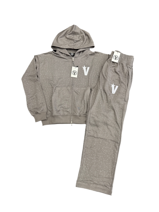 Very Distant Rhinestone Sweatsuit-Grey