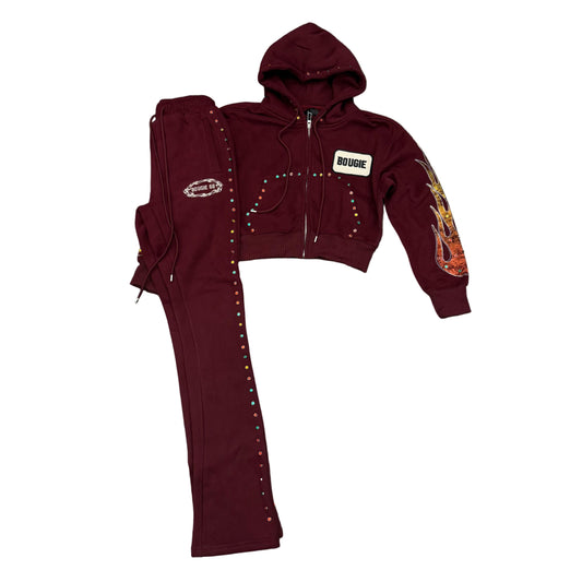 Bougie Rhinestone Women Sets Burgundy