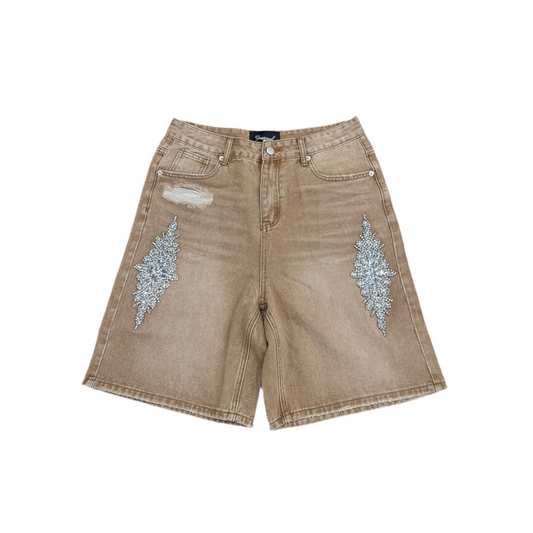 Fraternal Rhinestone Denim Shorts Tan