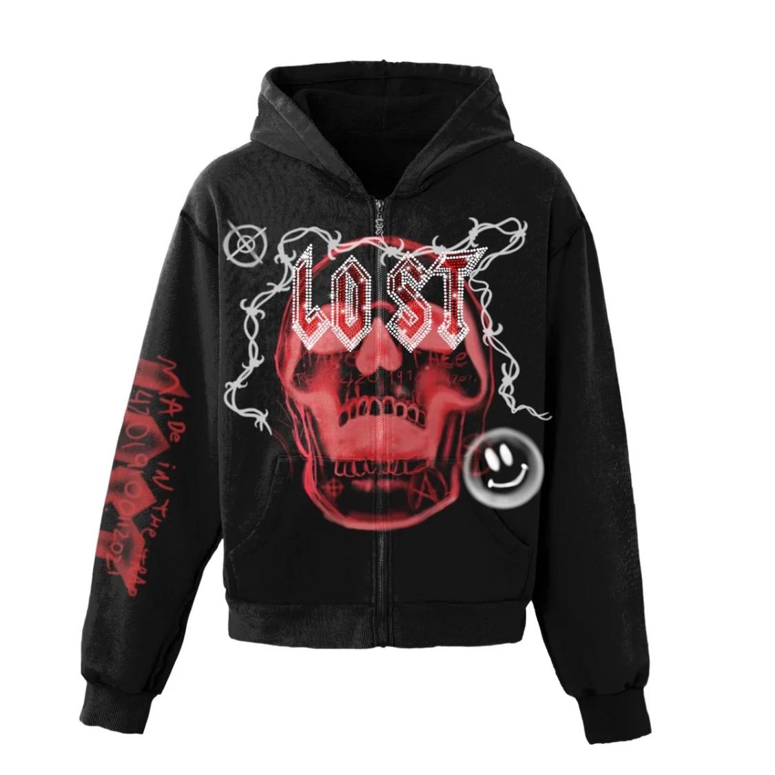 Lost Intricacy 'Skull Bound' Red Print Black Zip Up Hoodie